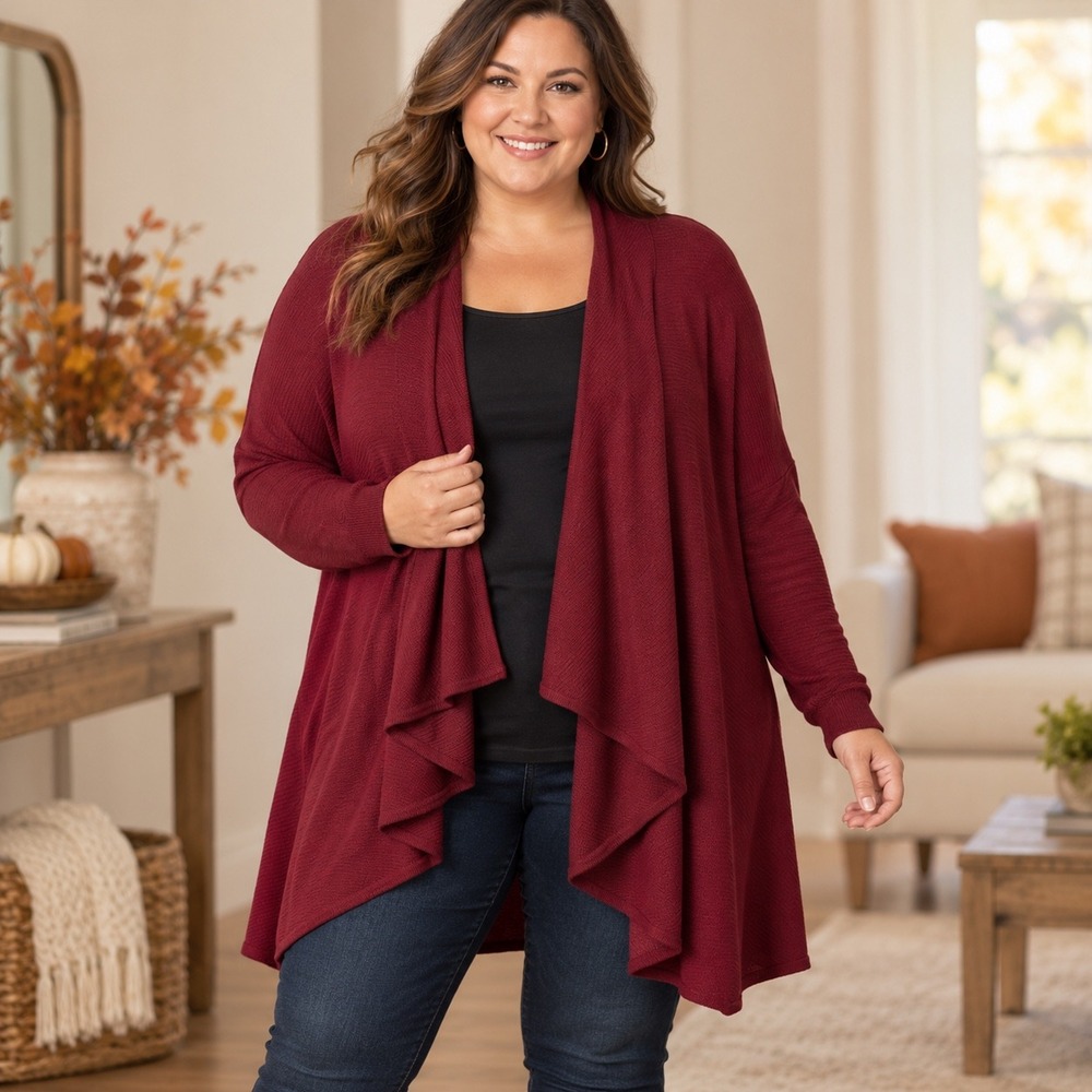 Maurices Womens Burgundy Waterfall Drape Open Front Ribbed Cardigan Sweater 4